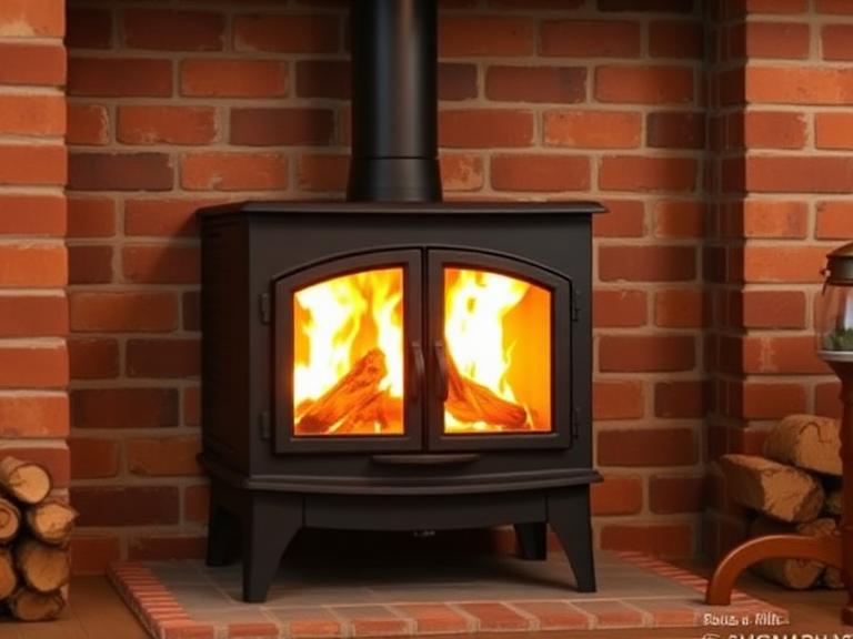 Wood stove insert in brick fireplace