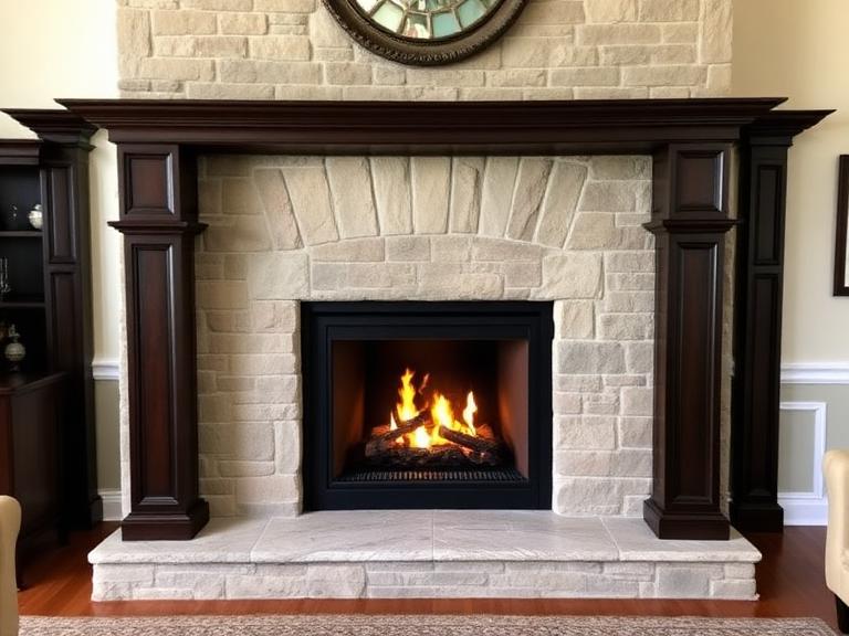 Stone fireplace restoration with dark mantel
