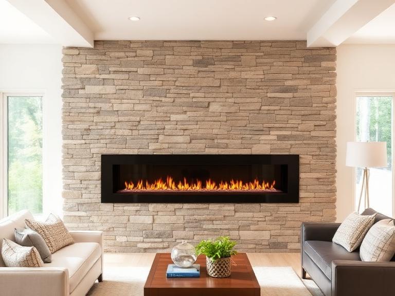 Linear gas fireplace in stacked stone wall