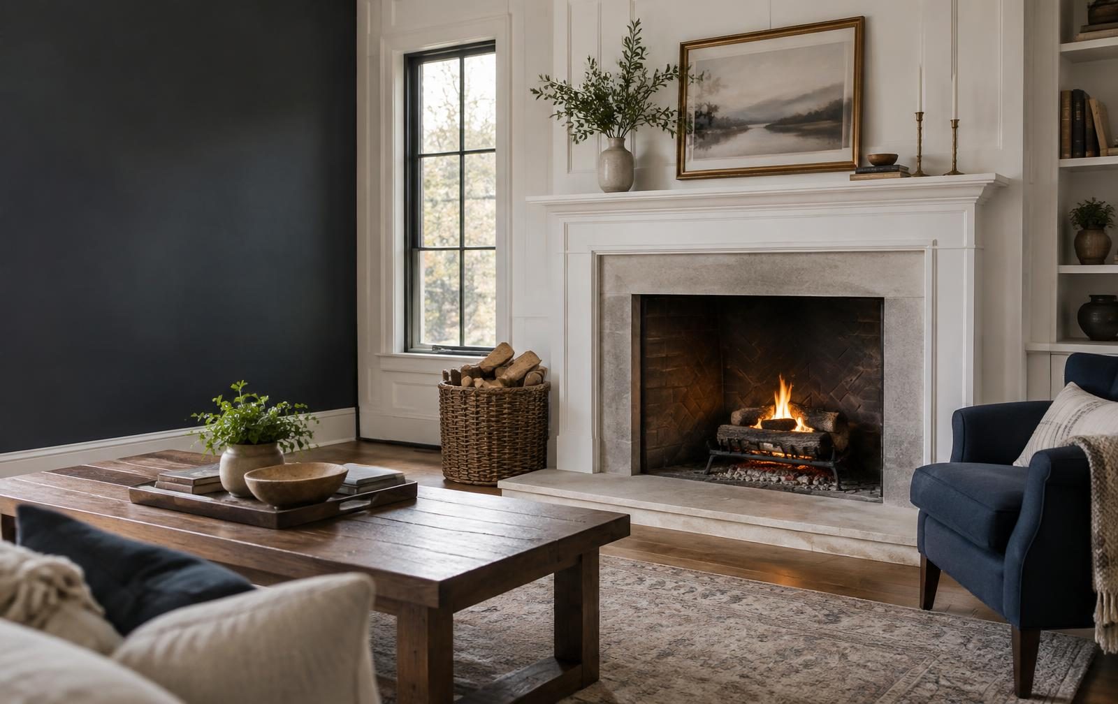 A warm stone fireplace burning inside a rustic chimney