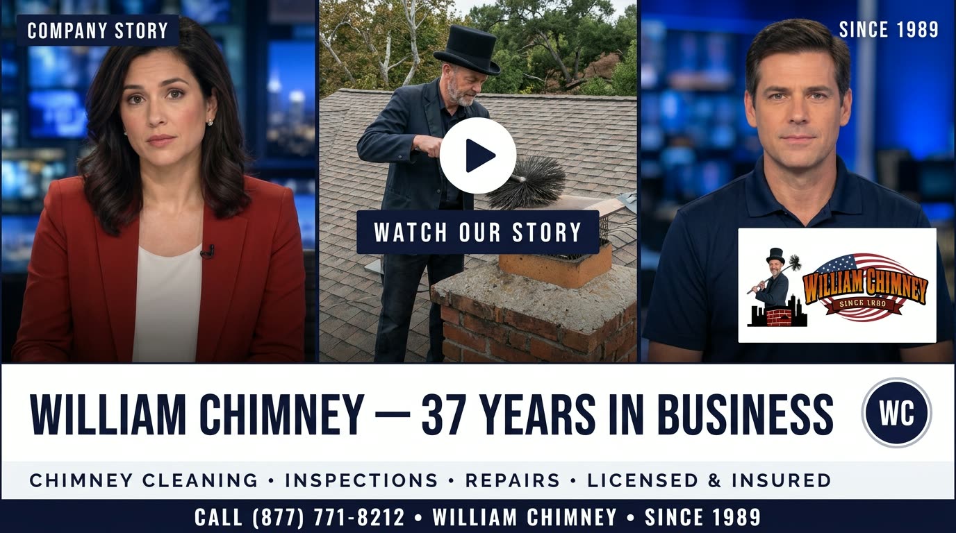 William Chimney company story: 37 years in business — chimney cleaning, inspections, repairs. Licensed & insured. Call (877) 771-8212.